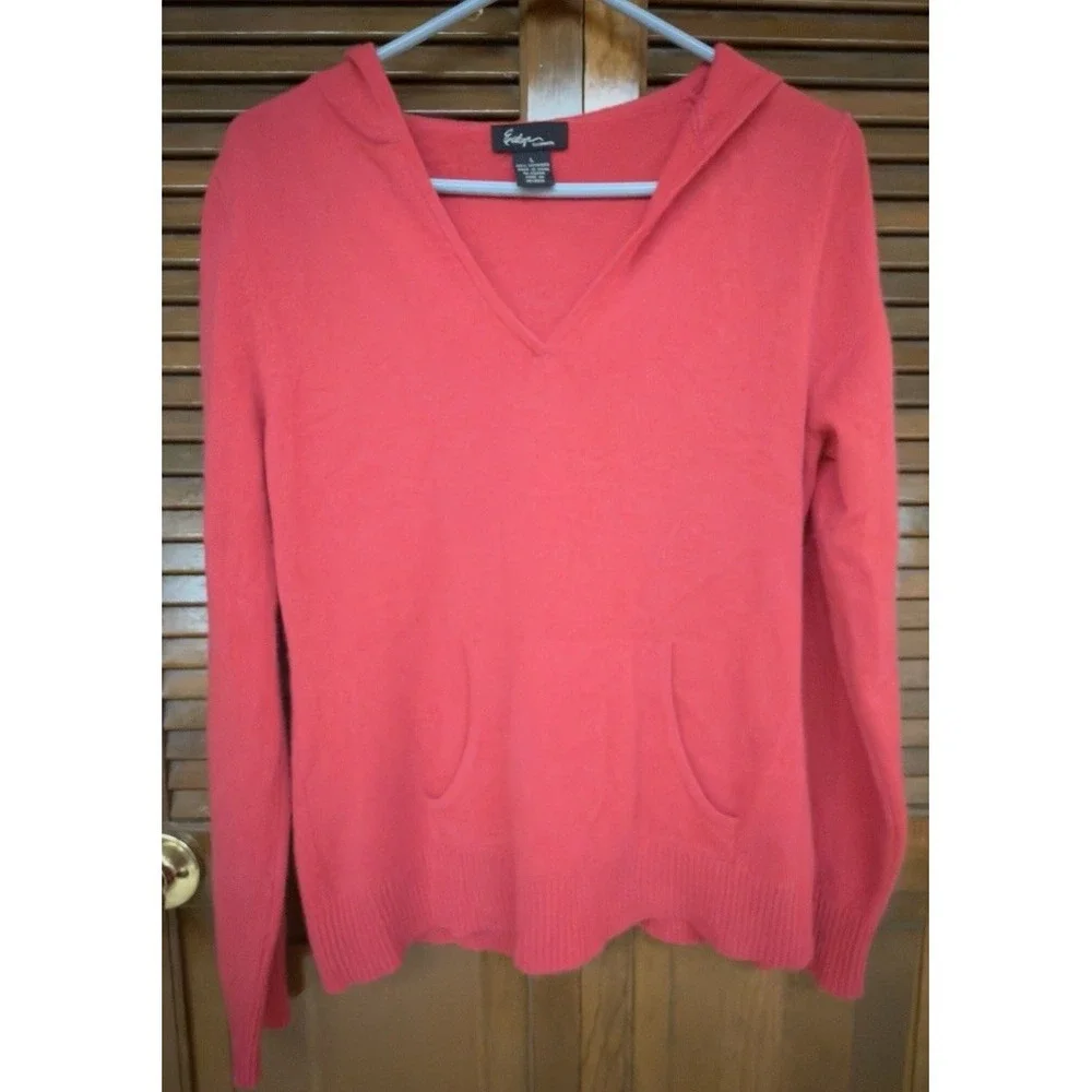 Evelyn Cashmere Sweater Womens L 100% Cashmere Red V Neck Hoodie Pocket Pullover